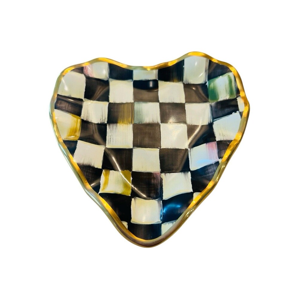Mackenzie Childs Heart Trinket Dish, Courtly Check, Handmade